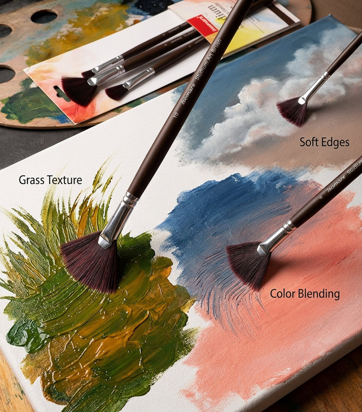 Isomars Studium Extra Long Handle Artist Fan Brush Set of 5 for Acrylic, Watercolor & Oil Painting - Isomars