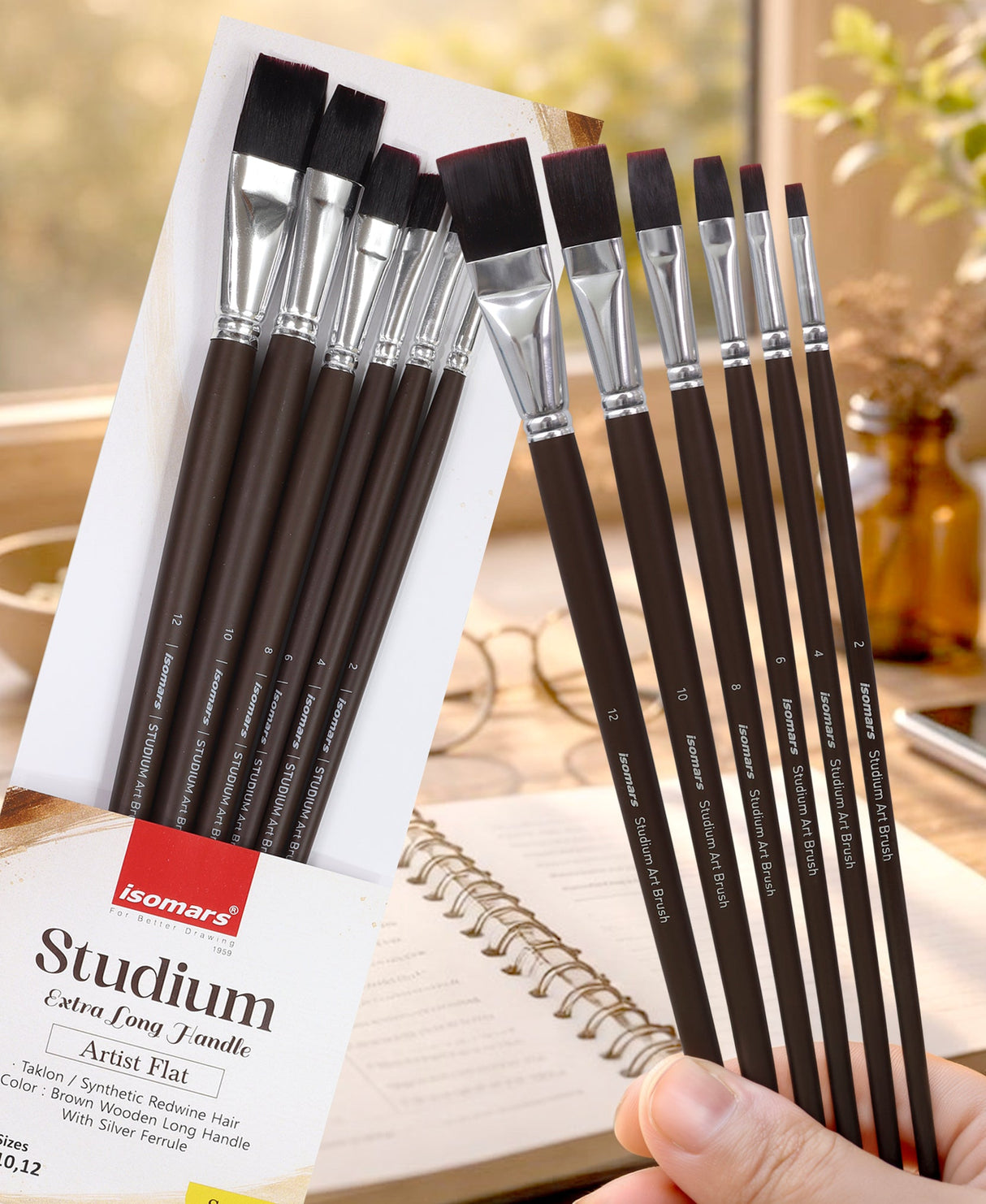 Isomars Studium Extra Long Handle Flat Paint Brush Set of 6 for Acrylic, Watercolor & Oil Painting - Isomars