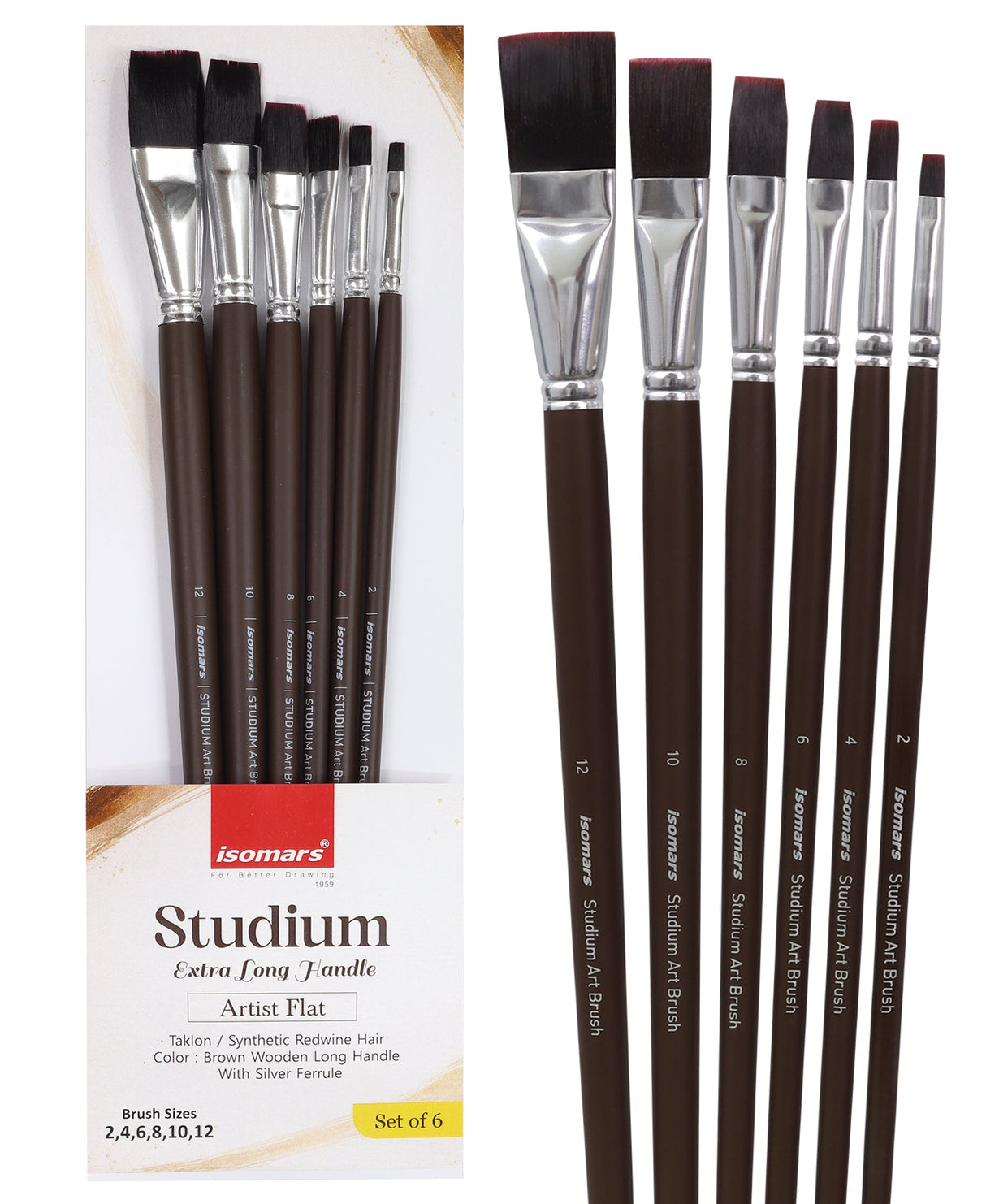 Isomars Studium Extra Long Handle Flat Paint Brush Set of 6 for Acrylic, Watercolor & Oil Painting - Isomars