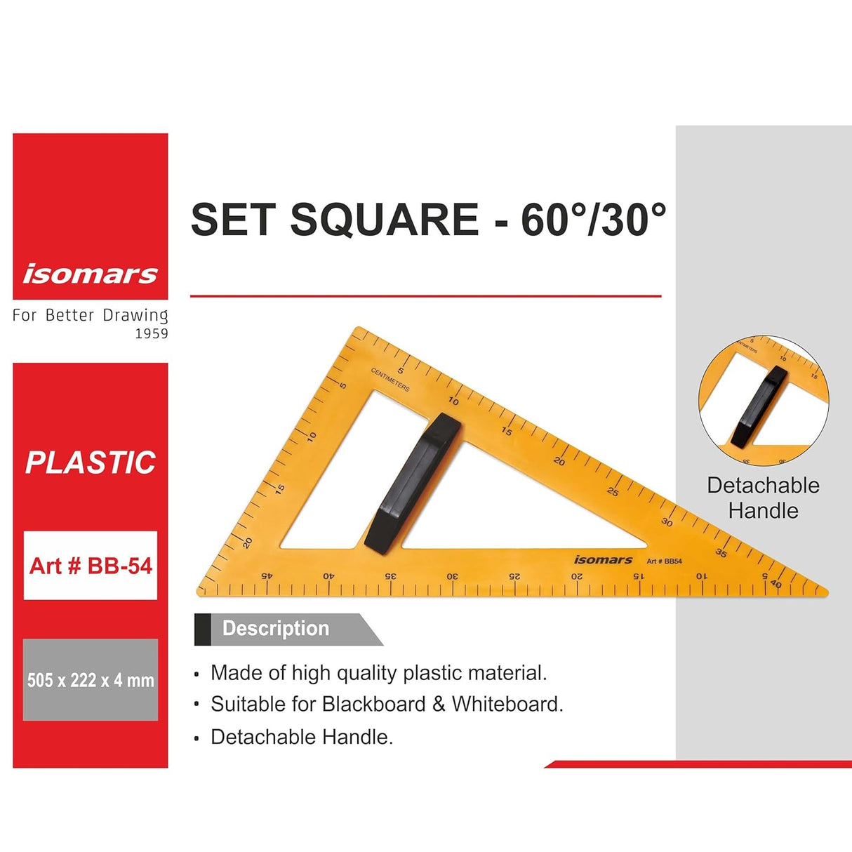 Isomars Teacher's Set Square | 60/30 Degrees | Extra Large Size for Blackboard/Whiteboard | With Detachable Handle - Isomars