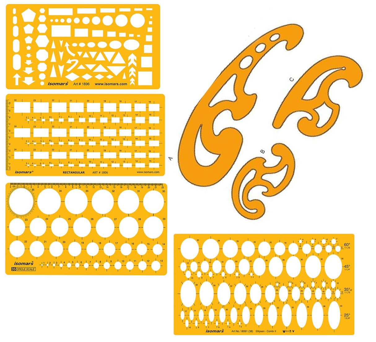 Isomars Technical Drawing Drafting Templates Set of 4 - with French Curves - Isomars