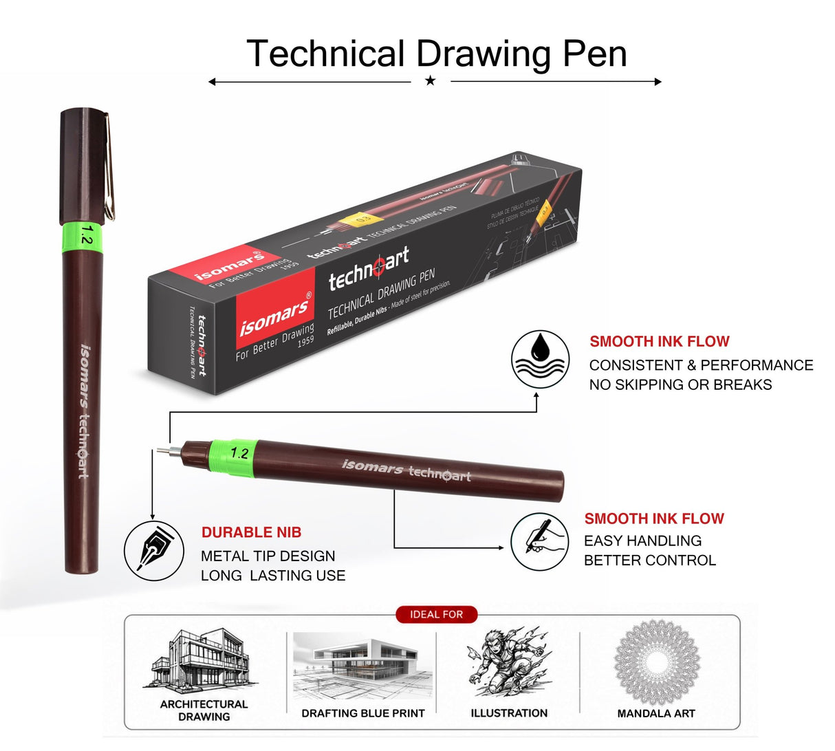 Isomars Technoart Fineliner Technical Drawing Pen 1.2mm with Black Waterproof Drawing Ink Set for Sketching, Drafting & Illustration - Isomars