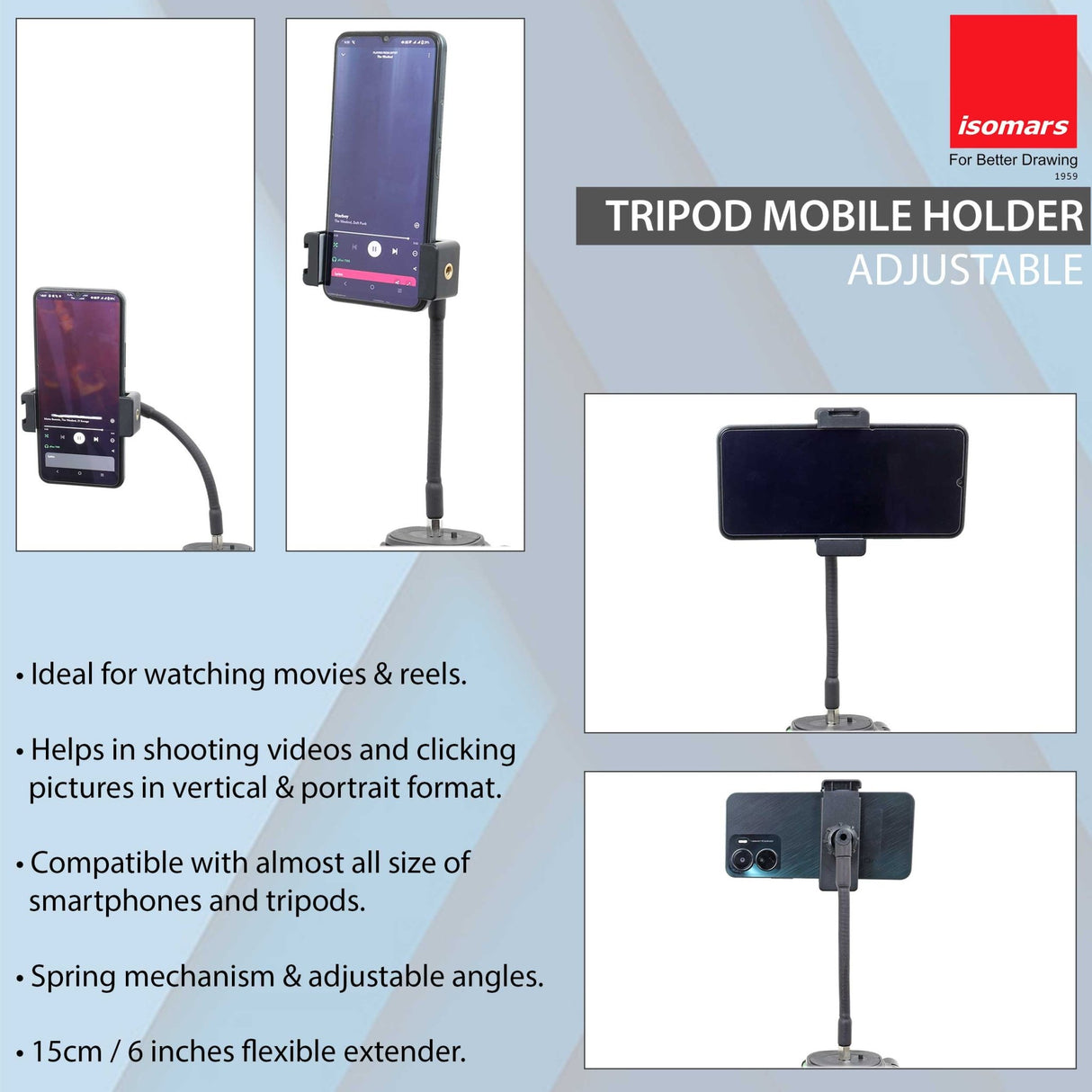 Isomars Tripod Mobile Holder Adjustable- for Smartphones & iPhones (Black) with 360° Rotational Working Angles & Flexible Extender with Spring Mechanisam Adjustable Angles - Isomars