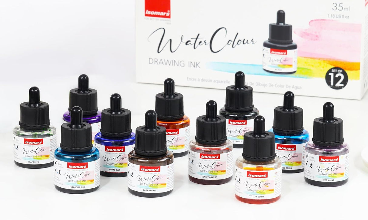 Isomars Water Color Ink Set of 12 Vibrant Professional Liquid Watercolors (35ml Bottles) with Droppers - Transparent Inks for Calligraphy, Illustration, Airbrushing & Painting - Isomars