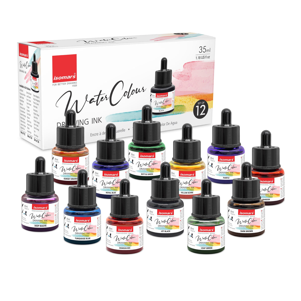Isomars Watercolour Drawing Ink Set of 12 (35ml Each) with Mop Brush Set of 4 | Vibrant Liquid Watercolor Inks for Calligraphy, Illustration, Airbrush, Painting & Mixed Media Art - Isomars