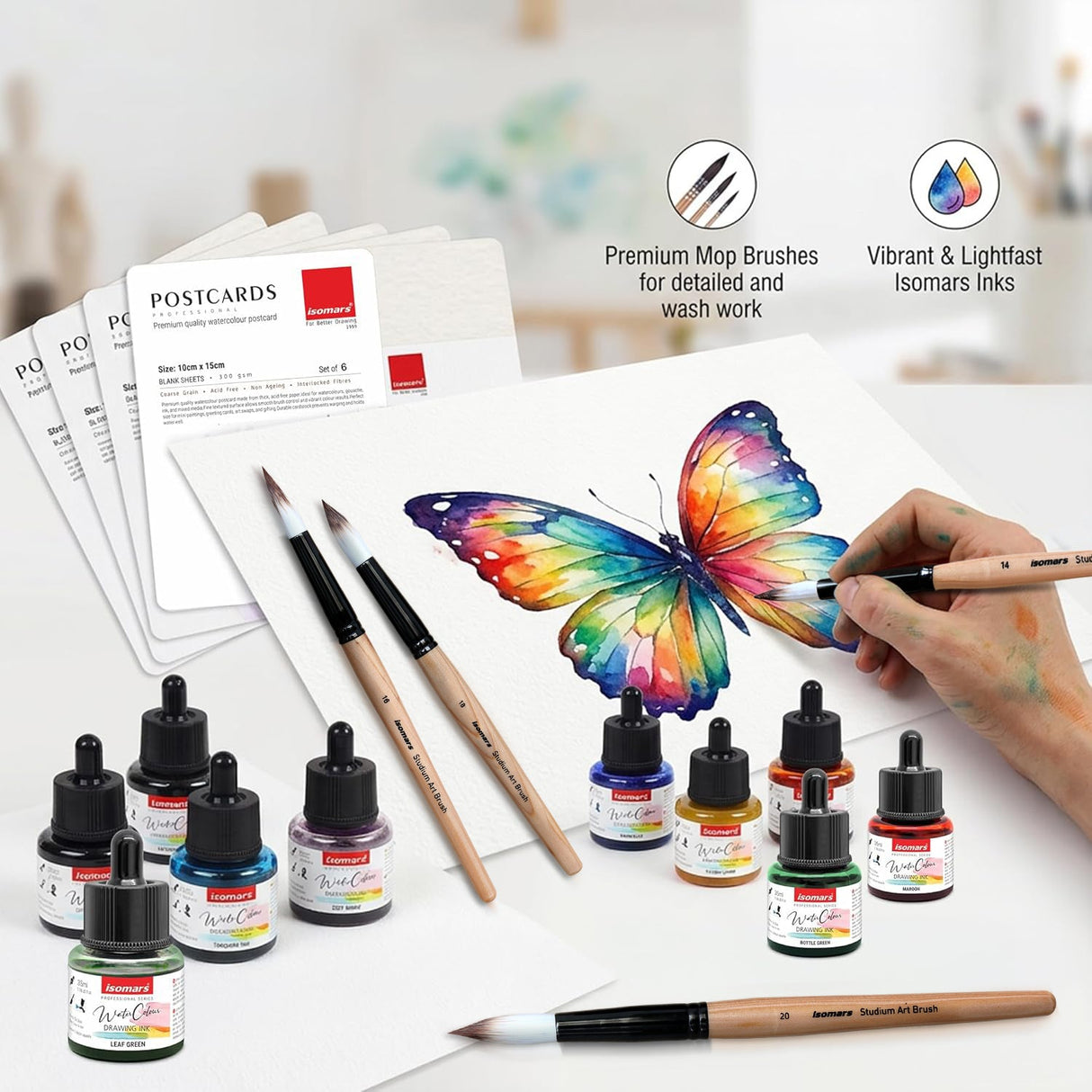 Isomars Watercolour Drawing Ink Set of 12 (35ml Each) with Mop Brush Set of 4 & Watercolor Postcards Set of 6 Sheets | Professional Liquid Watercolors for Painting, Calligraphy & Illustration - Isomars