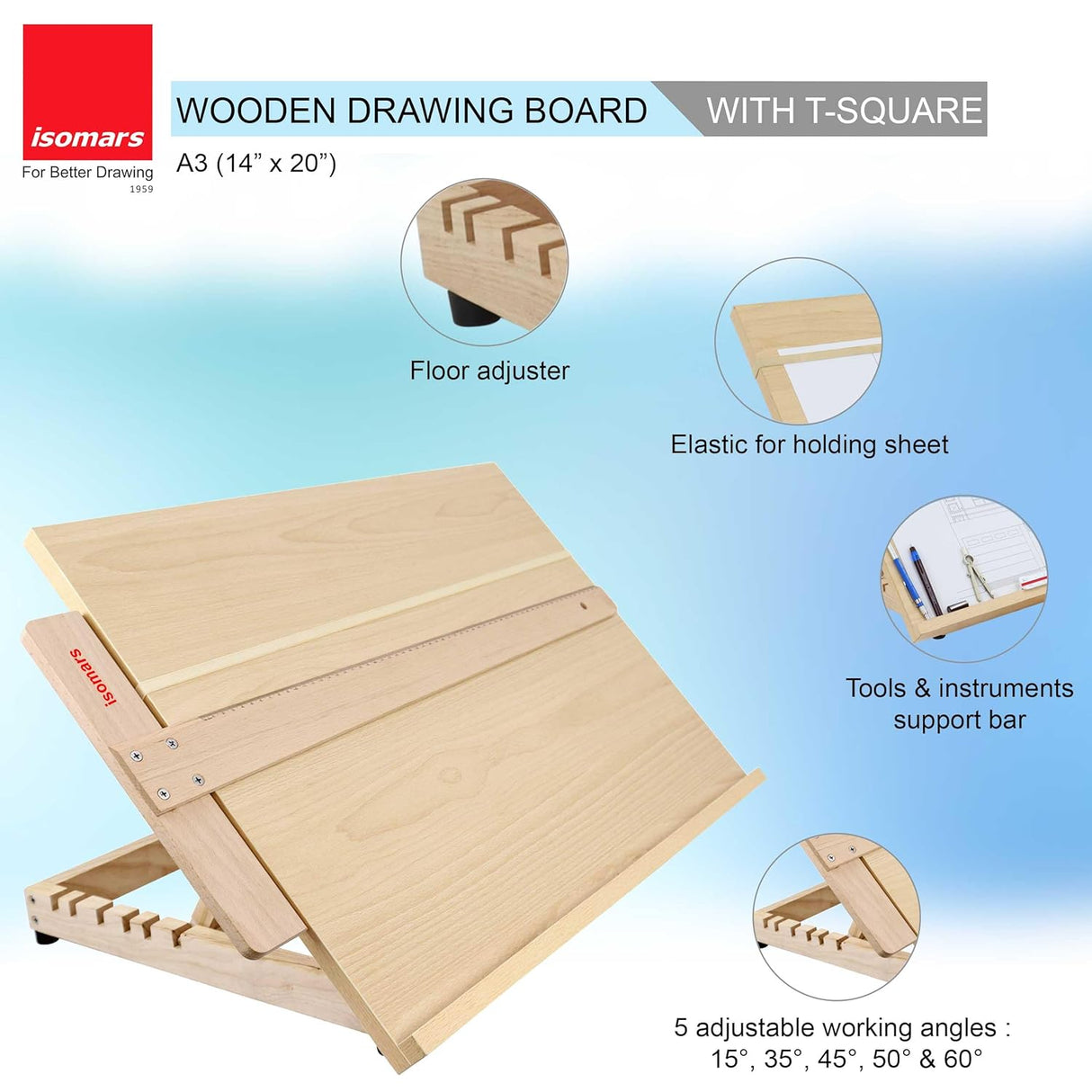 Isomars Wooden Board 14" x 20" with Wooden T-Square Combo - Drawing & Drafting Board & Wooden T-Scale Combo for Architecture and Engineering - Isomars