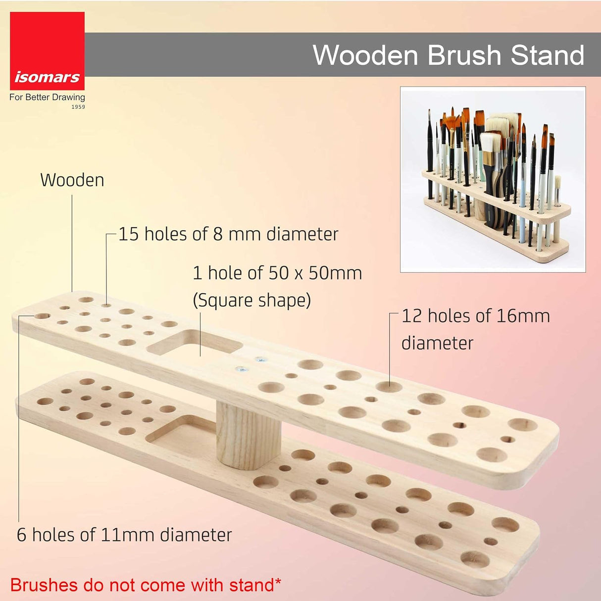 Isomars Wooden Brush Stand - Rectangular Brush Organiser for all kind of paint brushes handles (WITHOUT BRUSHES) - Isomars