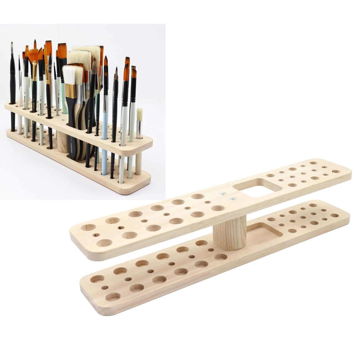 Isomars Wooden Brush Stand - Rectangular Brush Organiser for all kind of paint brushes handles (WITHOUT BRUSHES) - Isomars