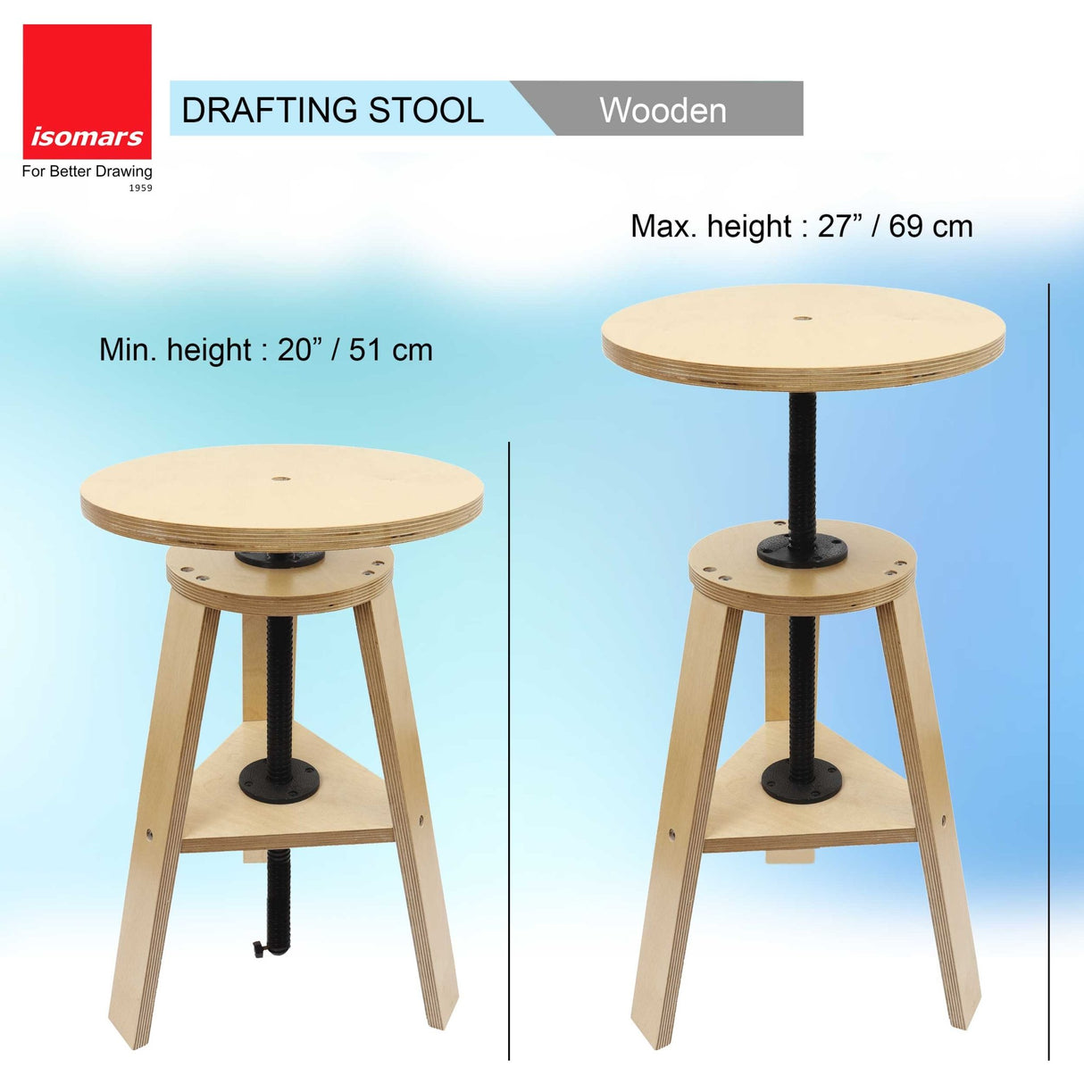 Isomars Wooden Drafting Stool, Height Adjustable 51-69 cm, Round Top with 33 cm Diameter, Artist Drawing Table Seat - Isomars