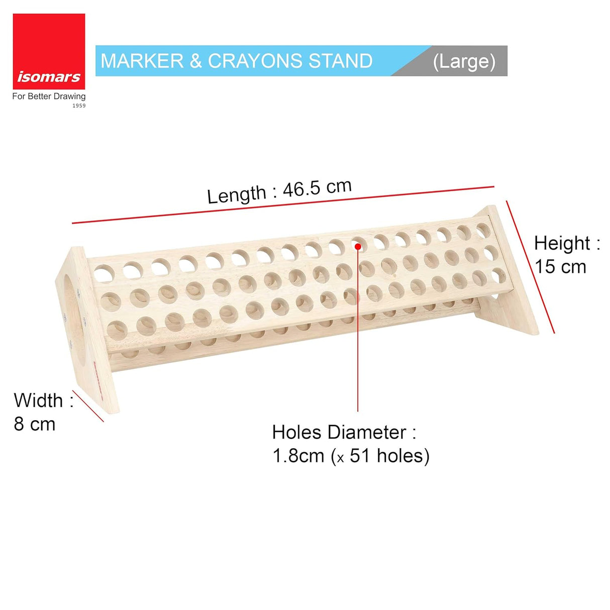 Isomars Wooden Marker, Crayon & Pen Stand – 51-Hole Organizer Rack (46 x 8 cm) – Ideal for Artists, Students & Hobbyists - Isomars