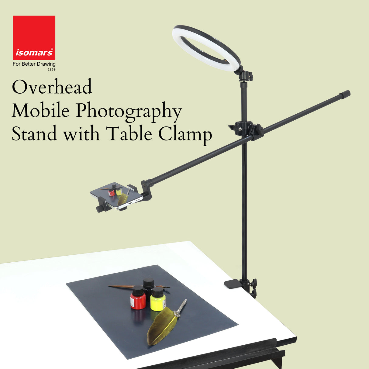 Isomars Overhead Mobile Stand for Photography & Videography, Table Holding clamp, 360°Adjustable Arm with Height Adjustment, Stand Height Adjustment top to Bottom, Overhead Photos of Products