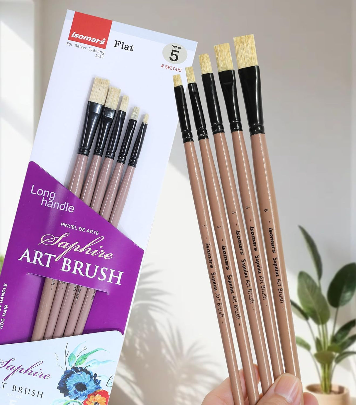 Saphire Flat Paint Brush Set of 5 | Professional Taklon Synthetic Long Handle Artist Brushes for Acrylic, Watercolor, Oil & Gouache Painting | Smooth Strokes, Broad Coverage & Easy Blending - Isomars