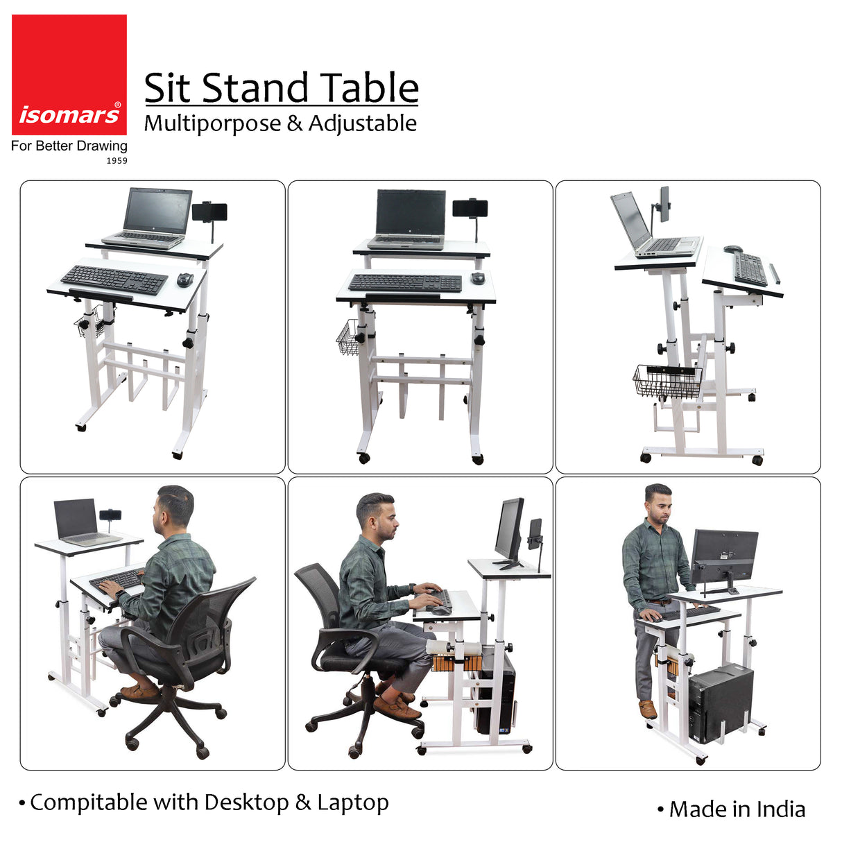 Isomars 24"/61cm Wide Made In India Desktop & Laptop Multipurpose Adjustable Table & Computer Workstation - Useful for Using Gadgets Like Desktop, Laptop, Tab/iPad etc (White)