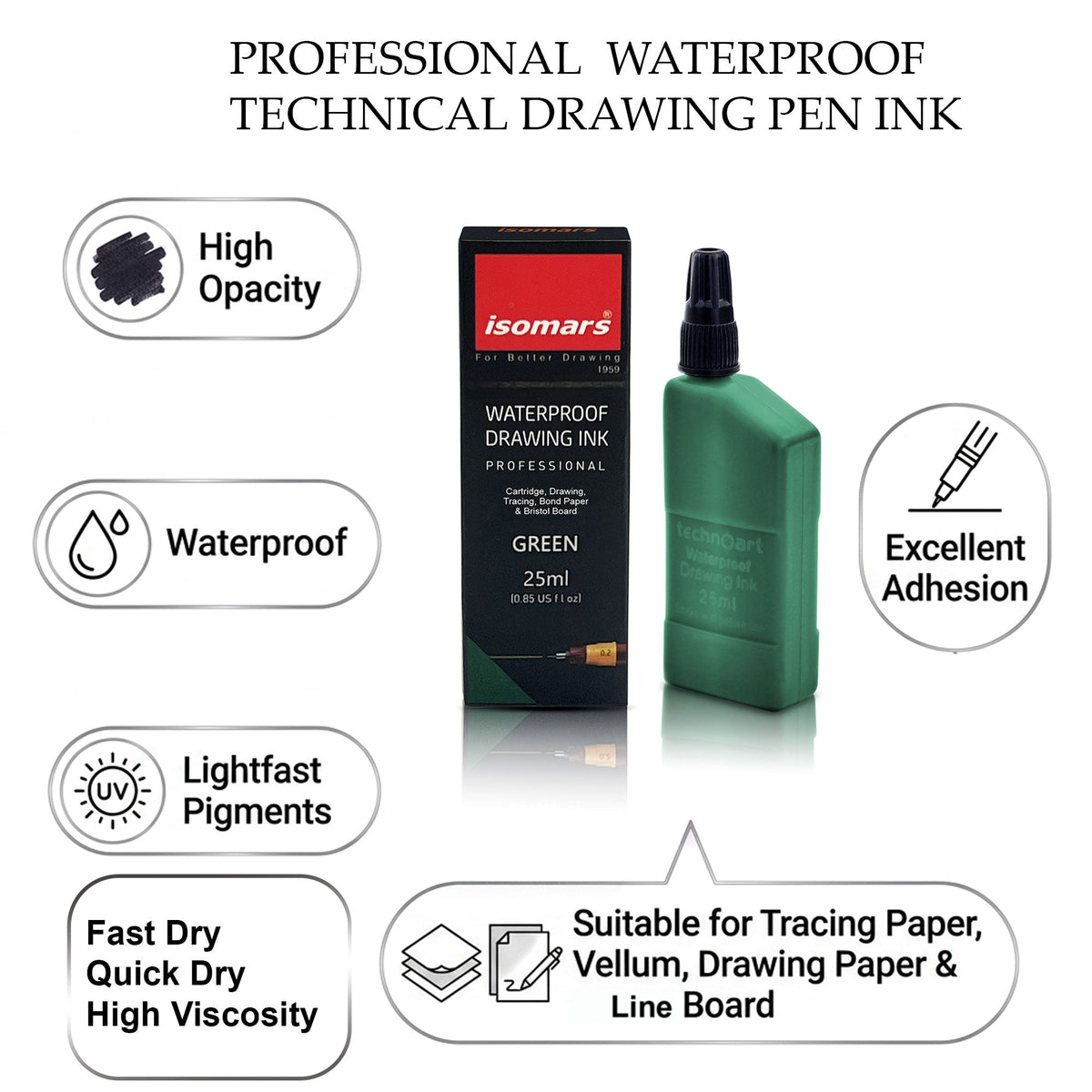 Technical Drawing Pen Ink 25ml | Waterproof High Opacity Ink for Rapidograph Pens, Drafting, Illustration & Calligraphy (Multi Colors) - Isomars