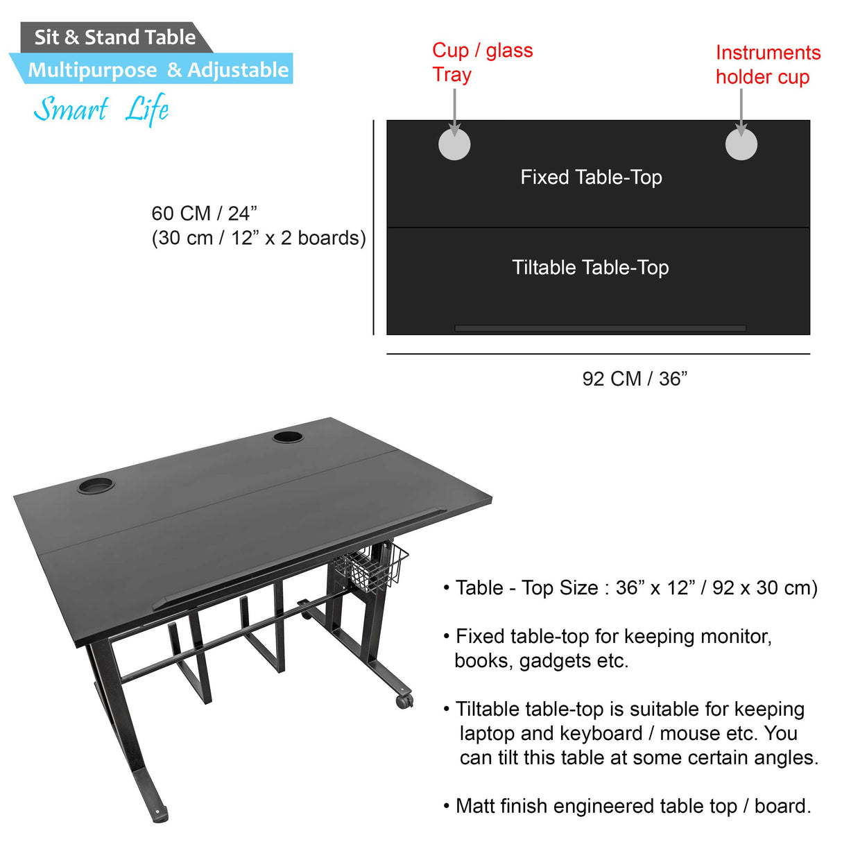 Isomars 36"/92Cm Wide Made In India Desktop & Laptop Adjustable Table & Computer Workstation - Useful For Using Gadgets Like Desktop, Laptop, Tab/Ipad, Mobile Phone Etc (Black) - Engineered Wood