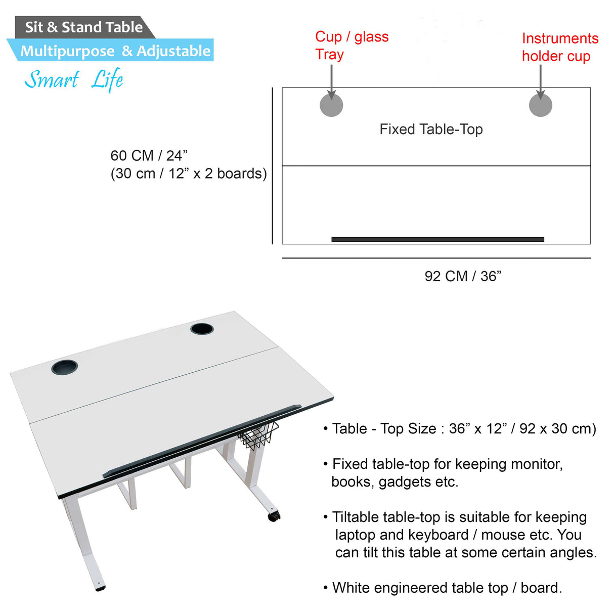 Isomars Sit/Stand Multipurpose Adjustable Table Professional Computer Workstation Extra Long Table top Dedicated Space for CPU Comes with Wheels & Floor Adjusters(36" X 12"/92cm X 30CM Wide White)