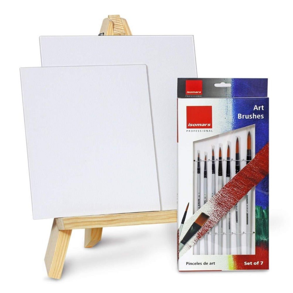 Artist Wooden Easel with Round Brush (Set of 7) & Canvas Boards - Isomars