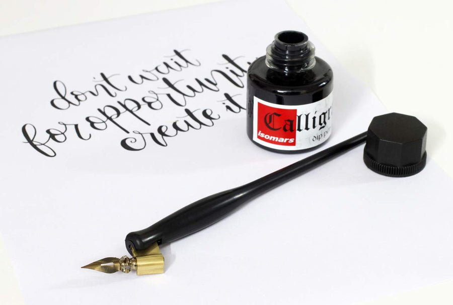 Oblique Dip Pen Holder Set: Brass Flange, Flex Dip Nib, and Black Ink (35ml)