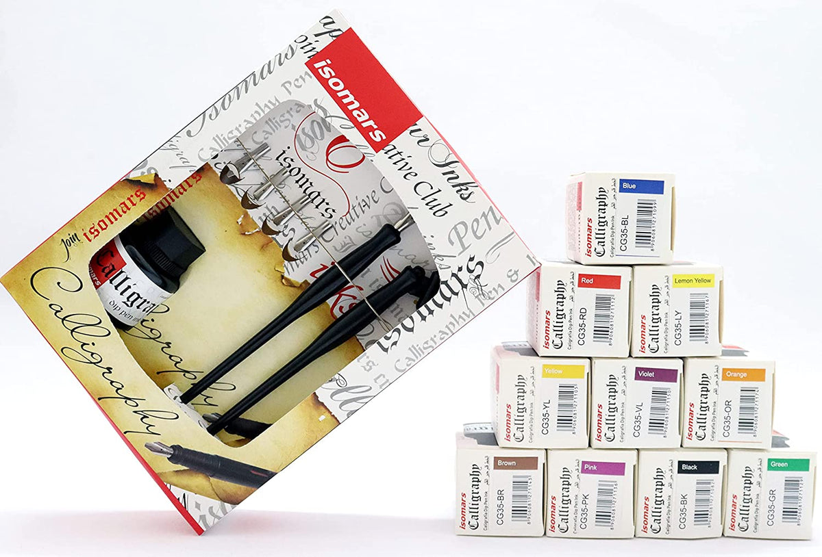 Calligraphy Pen Set: Flex Nib, Dip Nibs, Holders, and Calligraphy Ink (Set of 10) - Isomars
