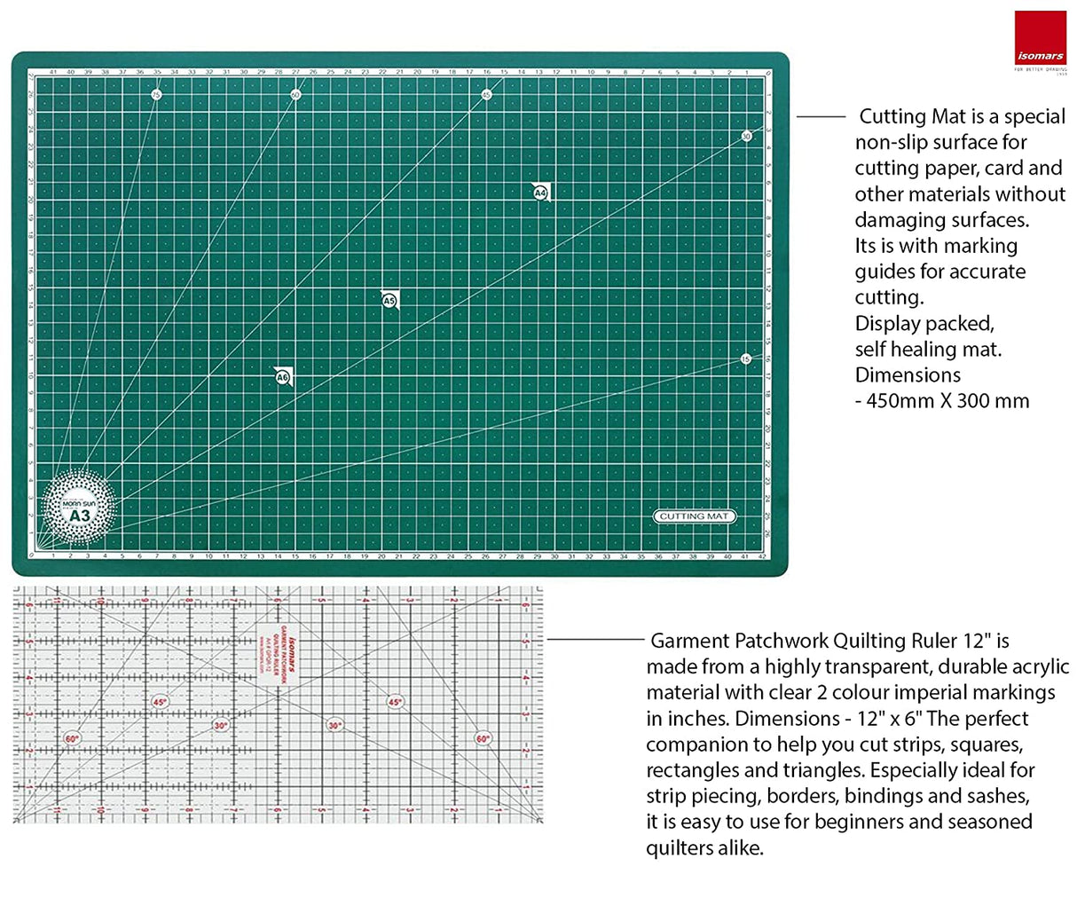 Garment Patchwork Quilting Ruler (12") with Cutting Mat A3 - Isomars