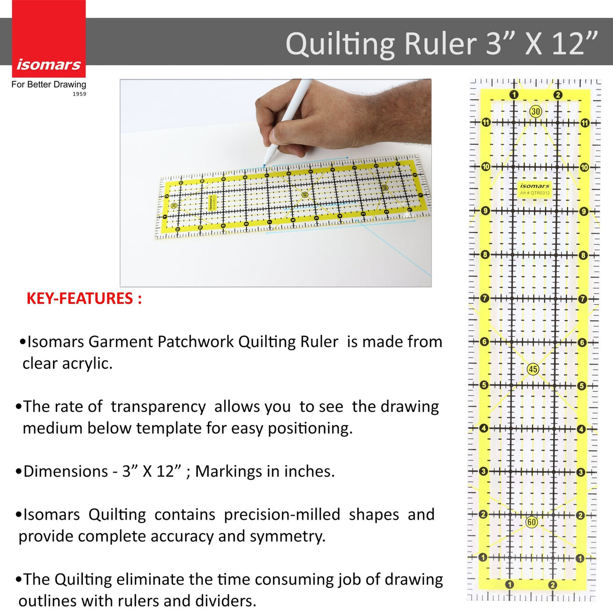 Garment Patchwork Quilting Ruler (3" x 12") - Isomars