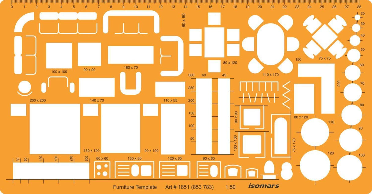 Isomars 1:50 Architectural Furniture Template Stencil, Interior Design Floor Plan Drawing Tool with Furniture Symbols, cm/mm Ruler Scale for House Layout, Blueprint Drafting, Architects & Designers - Isomars