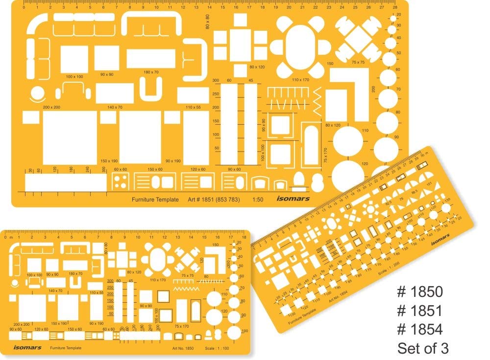 Isomars Architect Template Set of 3 | Scale 1:50, 1:100 & 1:200 Drawing Drafting Stencils for Furniture Layout, House Planning, Interior Design, Architecture, Blueprint & Floor Plan Drawing - Isomars