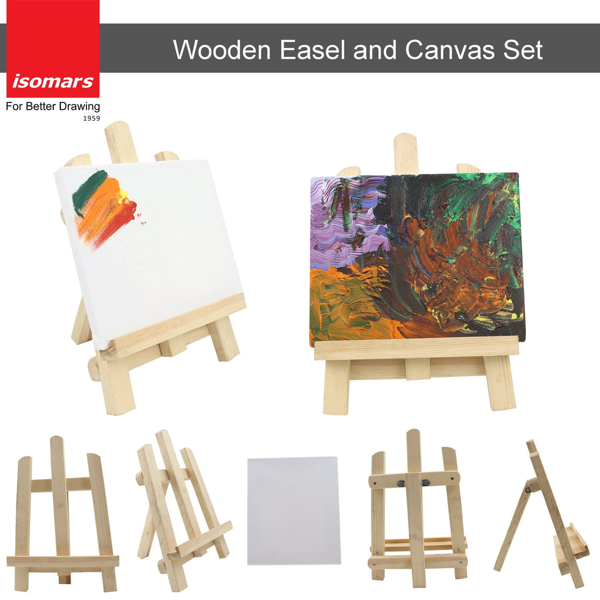 Isomars Artists Kit - Set of Wooden Easel and Canvas - Display Stand and Display / Painting Board Combo - Isomars