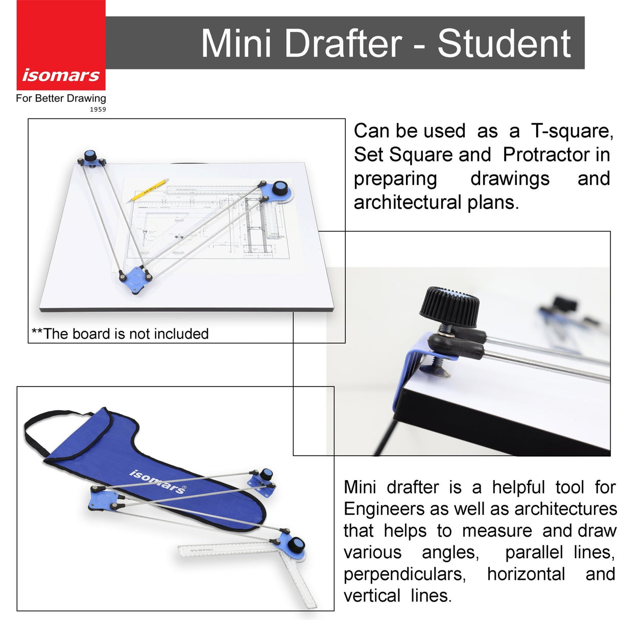 Isomars Drawing Board Table - Scholar with White Laminated Board Size - 25.5"x35" and Drafter - Isomars