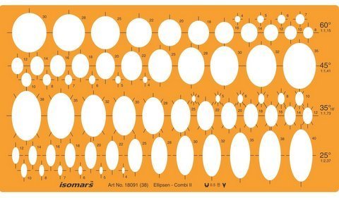 Isomars Ellipse Drafting Template (Art 18091) – 69 Ellipses in 25°, 35°, 45° & 60°, Precision Drawing Stencil for Engineering, Architecture & Technical Design - Isomars
