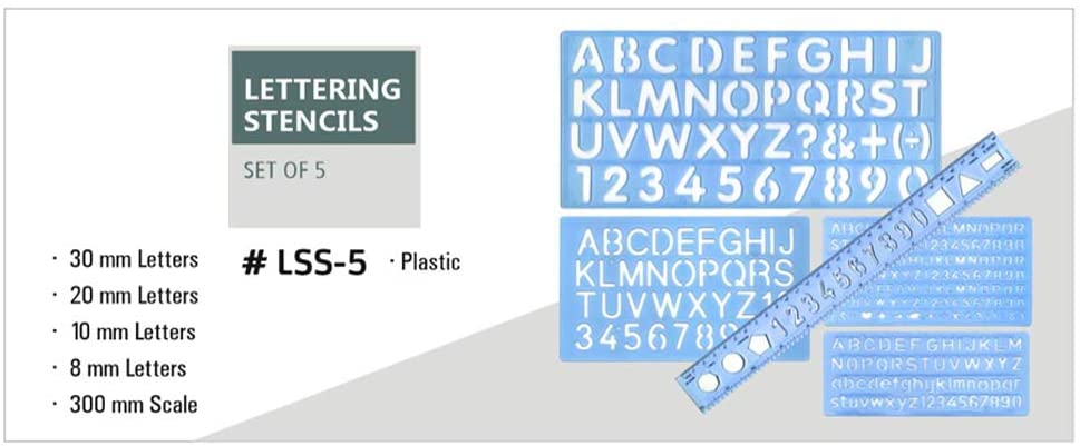Isomars Lettering Stencil Set of 5, Reusable Alphabet & Number Templates with 4 Letter Stencils and 12 Inch Ruler, Uppercase, Lowercase, Symbols in 8mm, 10mm, 20mm & 30mm for Sign Making, DIY Crafts & School Projects - Isomars