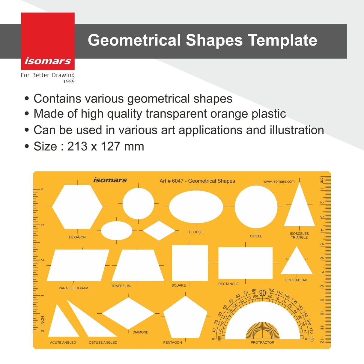 Isomars Multi Shape Geometry Template, Educational Drawing Stencil with Protractor, Measuring Ruler, Circle, Triangle, Rectangle, Pentagon, Hexagon & Ellipse for Maths, Drafting & Technical Work - Isomars