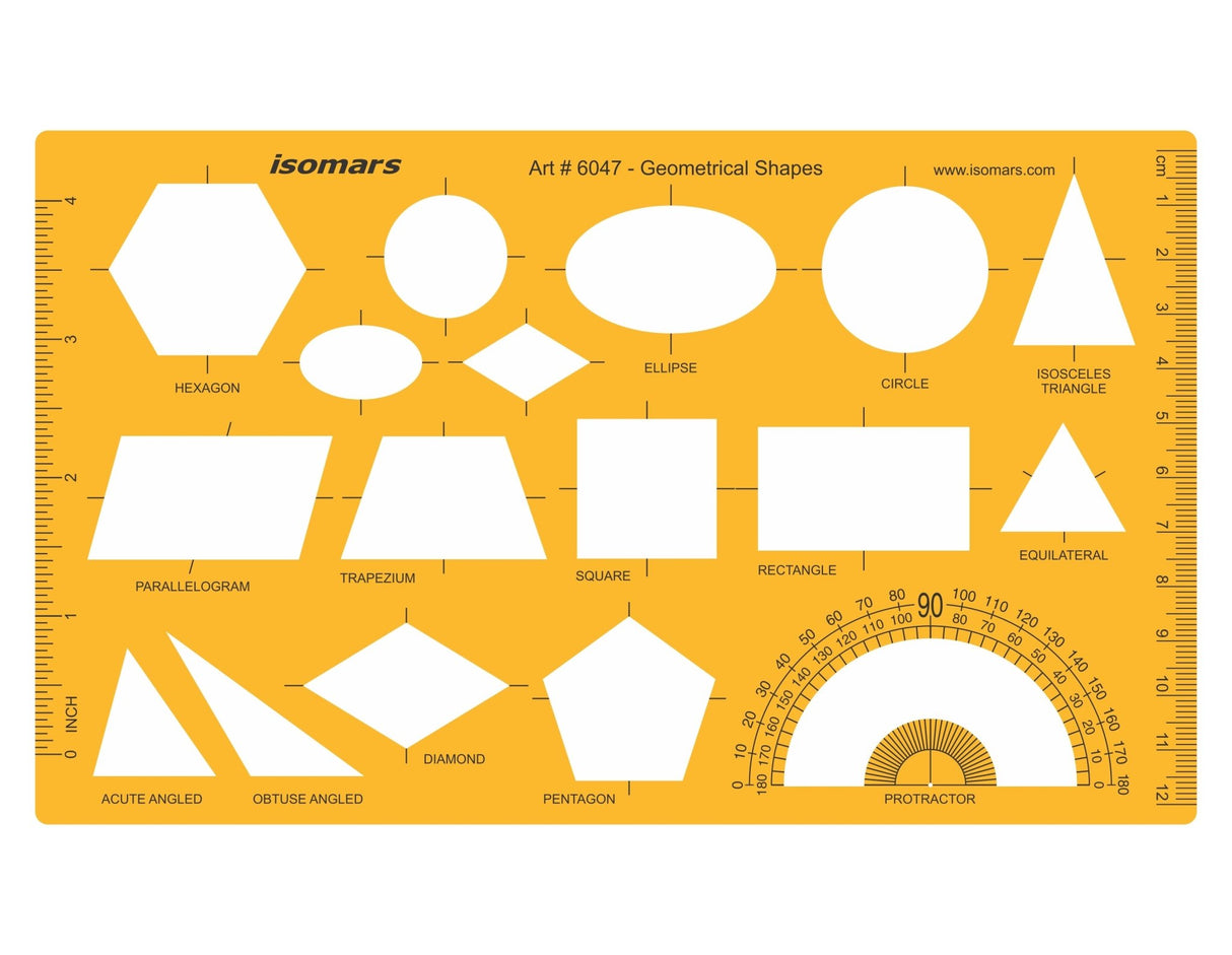 Isomars Multi Shape Geometry Template, Educational Drawing Stencil with Protractor, Measuring Ruler, Circle, Triangle, Rectangle, Pentagon, Hexagon & Ellipse for Maths, Drafting & Technical Work - Isomars