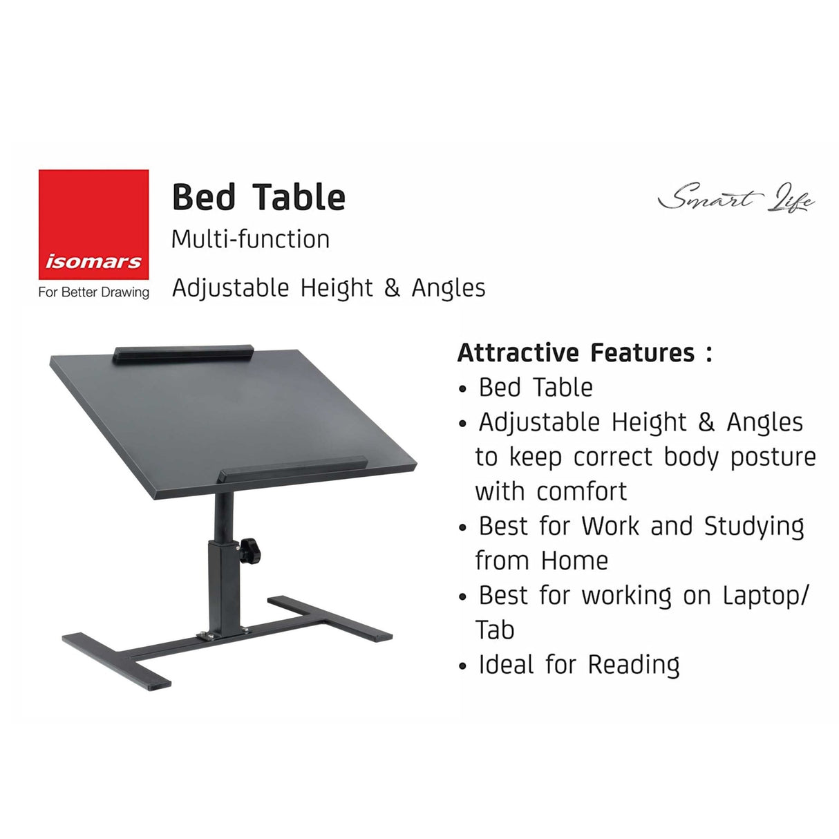 ISOMARS Multipurpose Laptop Table Study Desk & Height Adjustable Bed Table for Work from Home & Online Classes (Black) - Isomars