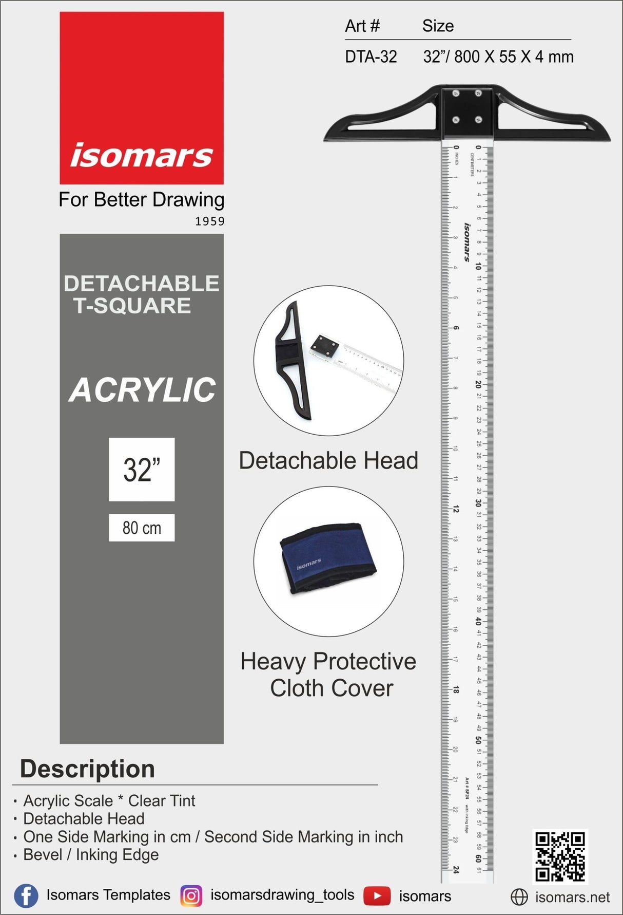 Isomars T Square Detachable Scale for Technical Drawing, Drafting & Engineering | with Detachable Head for Precision and Portability - Isomars