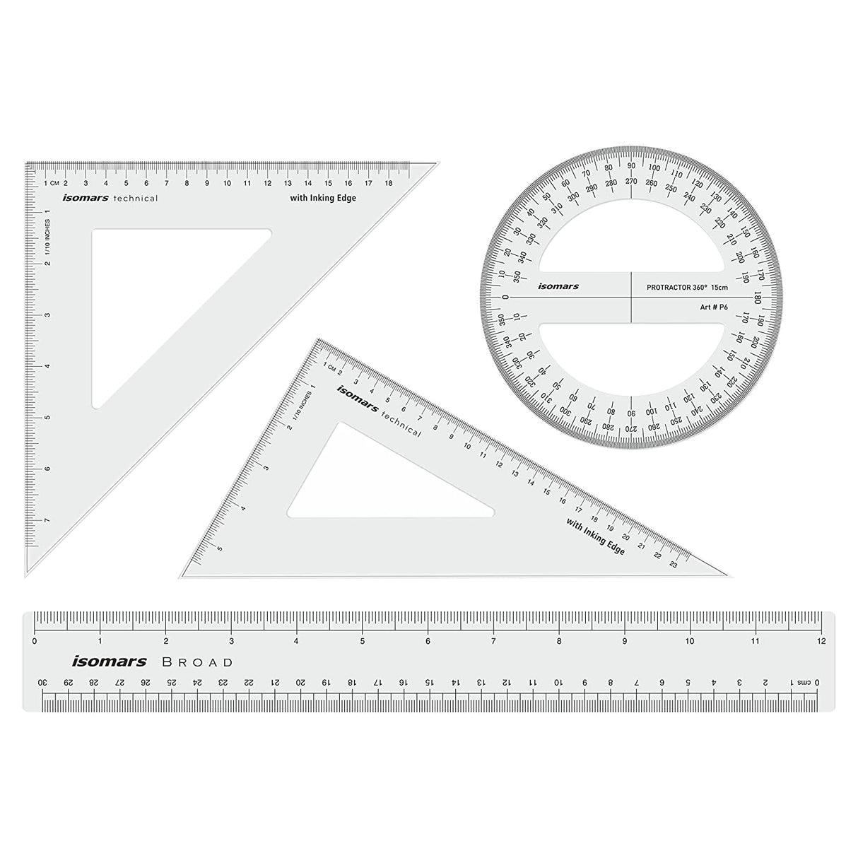Isomars Technical Set Squares, Protractor,12 Inch Scale - Sides Beveled - Isomars