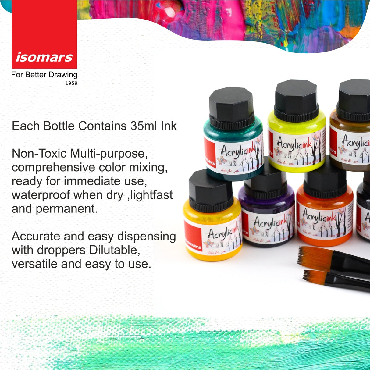 Professional Acrylic Painting Drawing Kit | Acrylic Pad, Square Colour Palette, Acrylic Ink Collection & Brush Set - Isomars