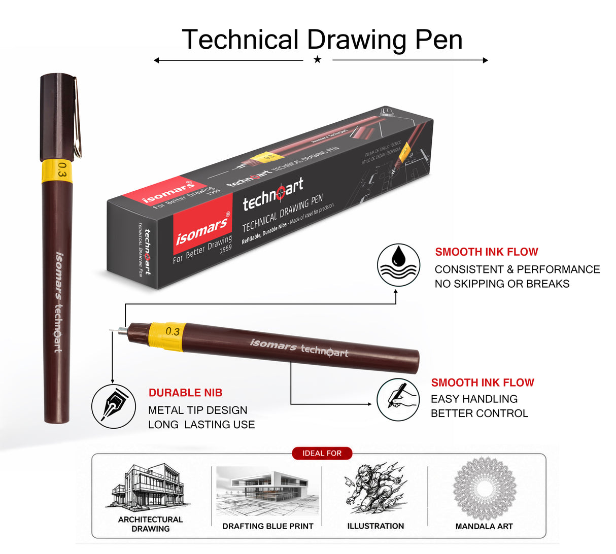 Isomars Technoart Fineliner Pen 0.3mm with Waterproof Black Ink Set