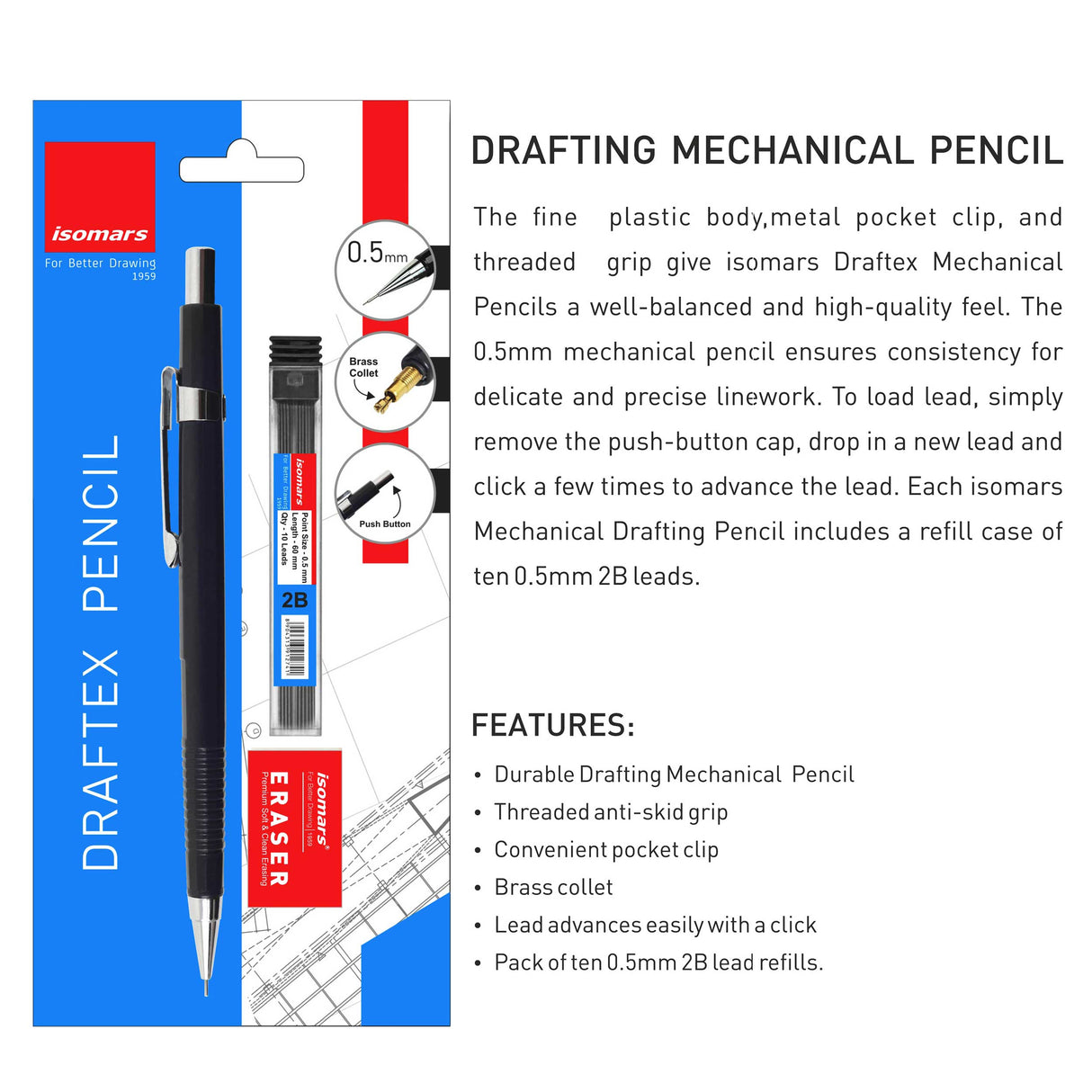 Isomars Mechanical Pencil 0.5mm And 2mm Combo - Clutch Pencils - Black And Blue With Lead And Eraser