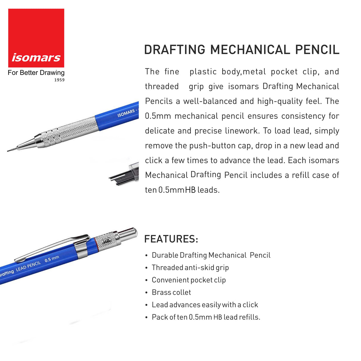 Isomars Mechanical Pencil 0.5mm - Drafting with Leads & Eraser - Blue