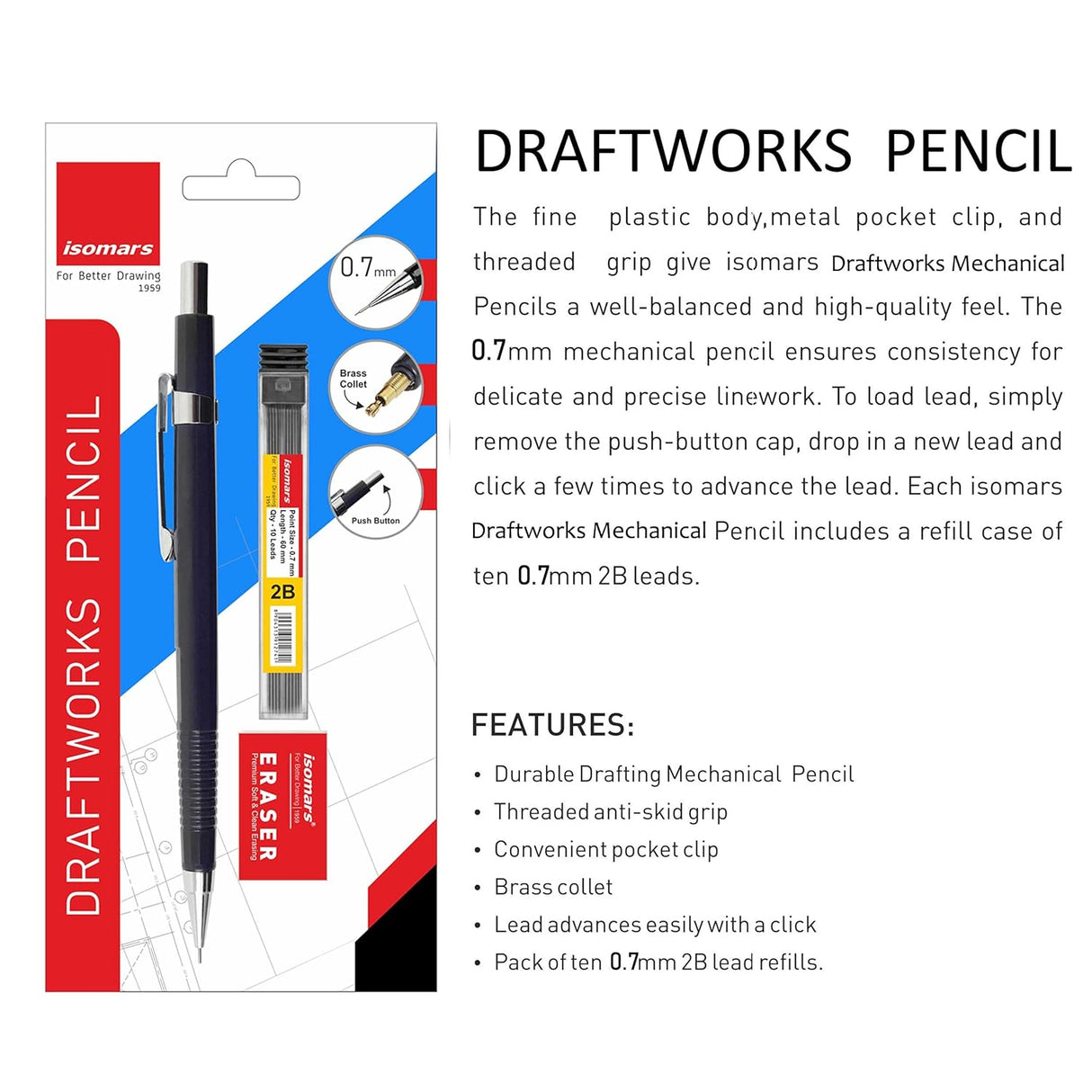 Isomars Mechanical Pencil 0.7mm - (DRAFTING) with Leads & Eraser - Black