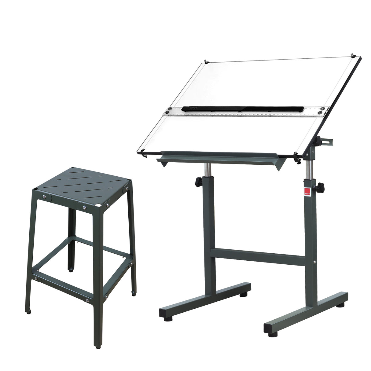 Isomars Olive Green Drawing Board Table - Scholar A1 White Laminated Board 25.5"x35" with Parallel Ruler and Drafting Olive Green Metal Stool Set | Complete Engineer, Draughtsman, Architects Set