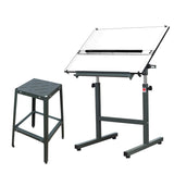 Isomars Olive Green Drawing Board Table - Scholar A1 White Laminated Board 25.5"x35" with Parallel Ruler and Drafting Olive Green Metal Stool Set | Complete Engineer, Draughtsman, Architects Set
