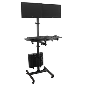 Isomars Computer Standing Desktop Workstation with Dual Monitor Mount Adjustable Height with Keyboard & Mouse Tray Space for CPU Holder, Sit Stand Table comes with Wheel for easy to move