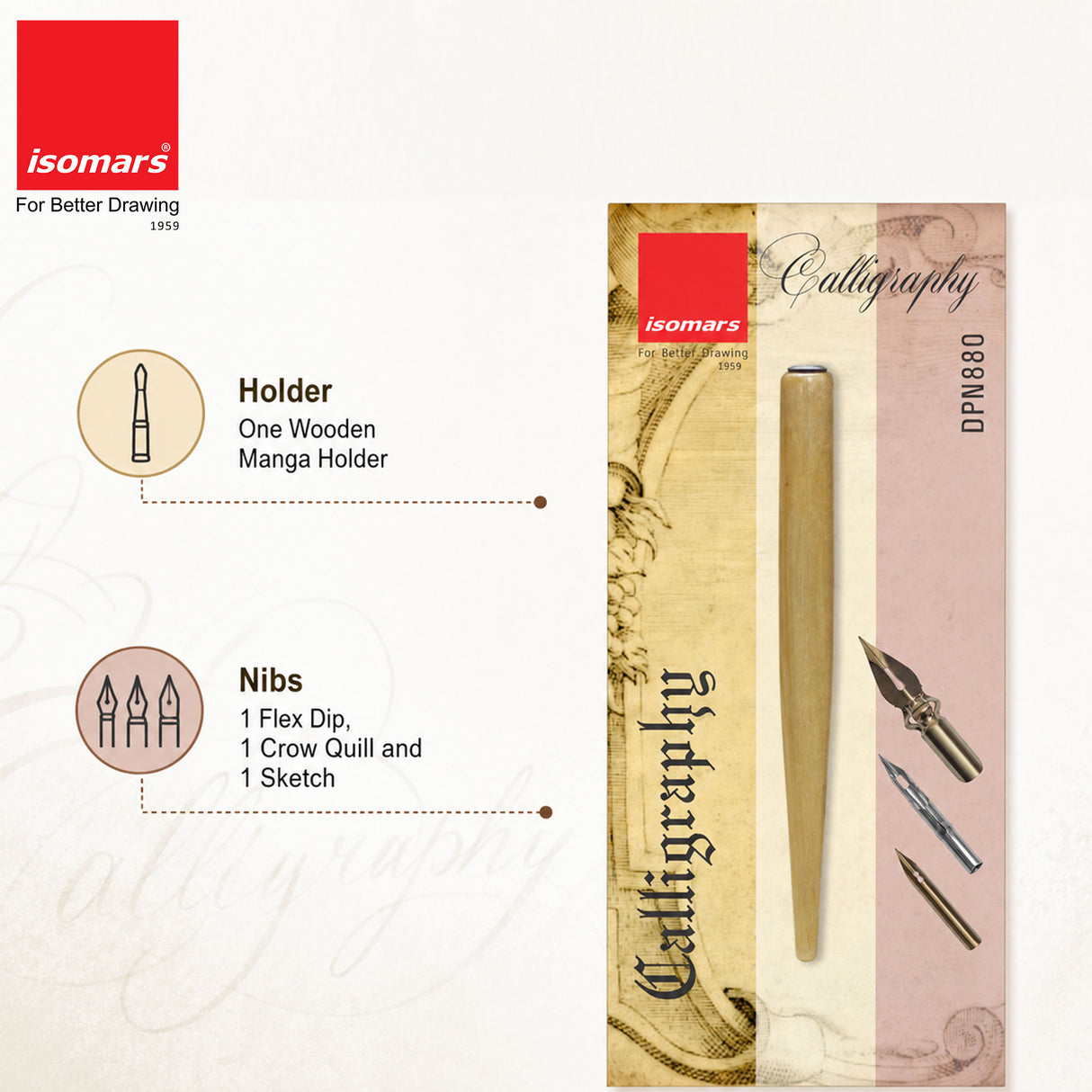 Isomars Wooden Calligraphy Pen Holder with English nib, mapping nib & flex nib for calligraphy, lettering, sketching and artistic writing