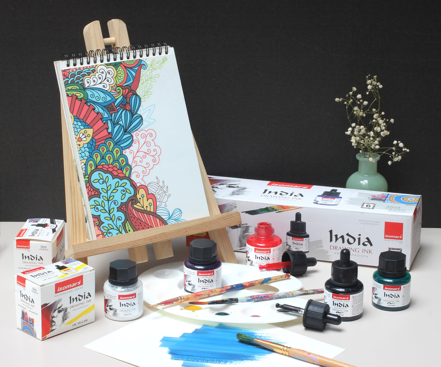 Isomars Waterproof Drawing Ink Set of 6 – 35ml Each (with Dropper) | Suitable for Calligraphy, Art, Technical Drawing, Airbrush Art, Illustration | Fade-Resistant & Quick-Drying