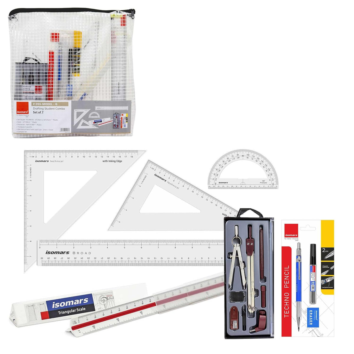 Isomars Student Drafting Kit – 7-Piece Engineering Drawing Set with Co