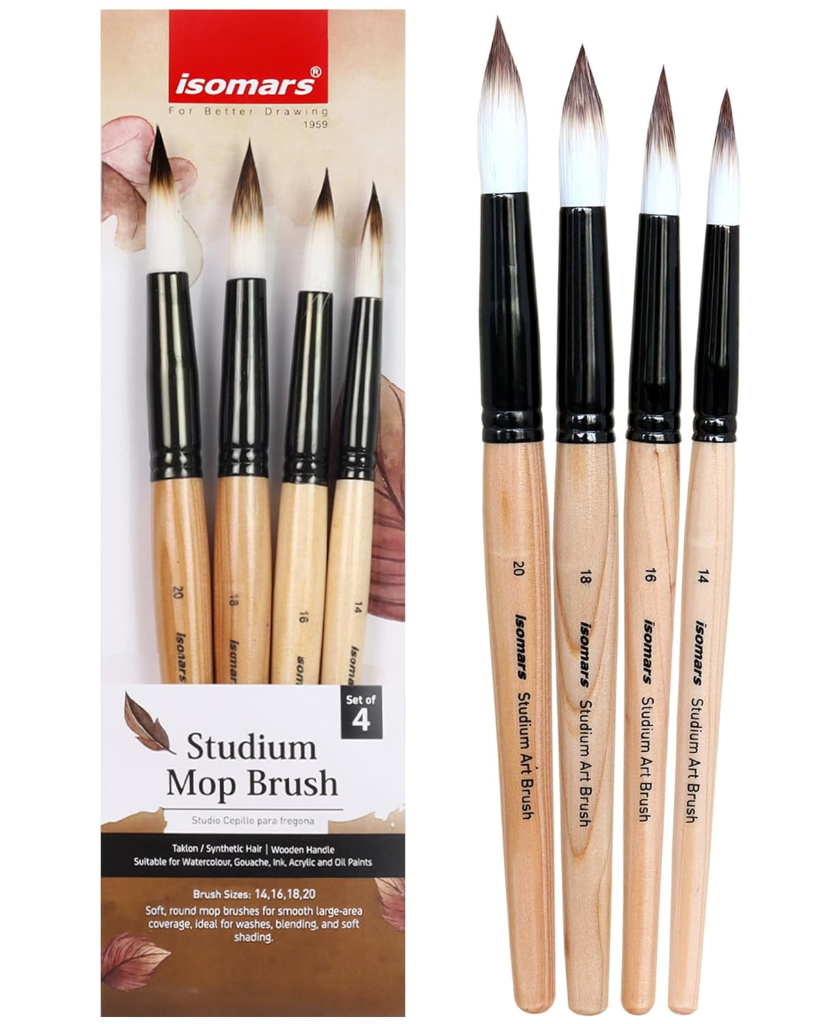 Isomars Studium Mop Brush Set of 4 - Professional Synthetic Hair Round Paint Brushes for Watercolor, Gouache, Acrylic, Ink & Oil Painting - Natural Wooden Handle Art Brushes (Sizes 14, 16, 18, 20)