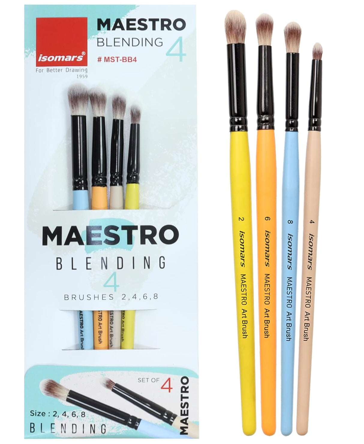 Isomars Maestro Blending Brush Set of 4 - Professional Round Artist Brushes for Soft Blending, Shading and Transitions - Colorful Wooden Handles - Sizes 2, 4, 6, 8
